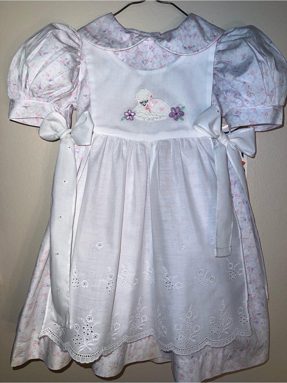 Vintage White Floral Dress With Lamb Apliqued Pinafore Apron 2T